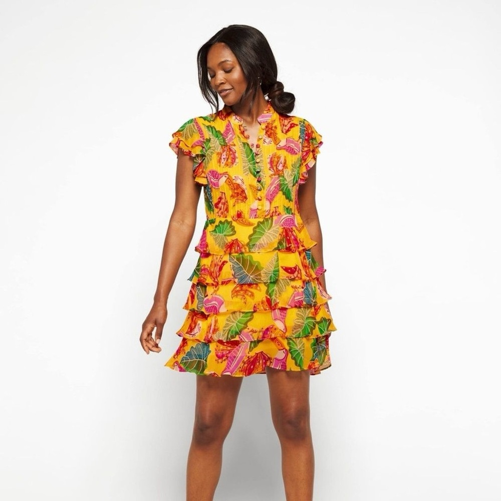 Farm Rio Anthropologie • Tiered Beaks & Bananas Dress • sz Large - Picture 2 of 10